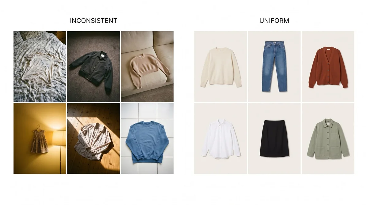 Two grids of clothing photos — one with mismatched backgrounds, angles and colour casts, the other consistent in background, scale and light