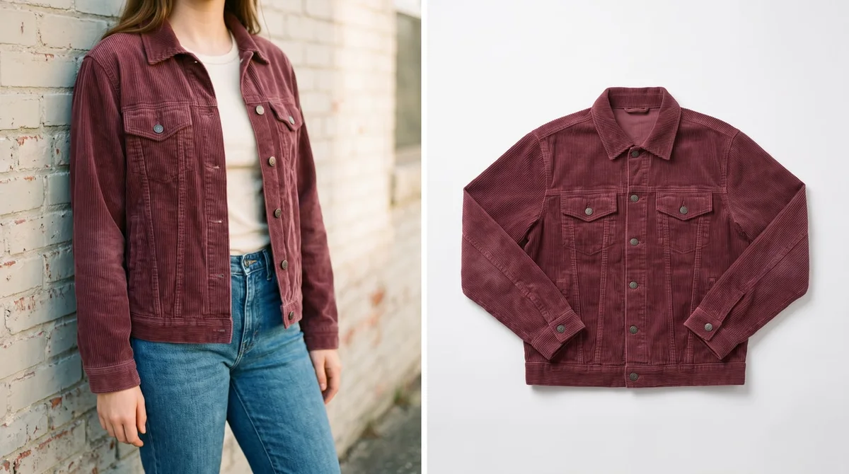 The same burgundy corduroy jacket photographed two ways — worn by a person against a brick wall, and laid flat on a plain white background