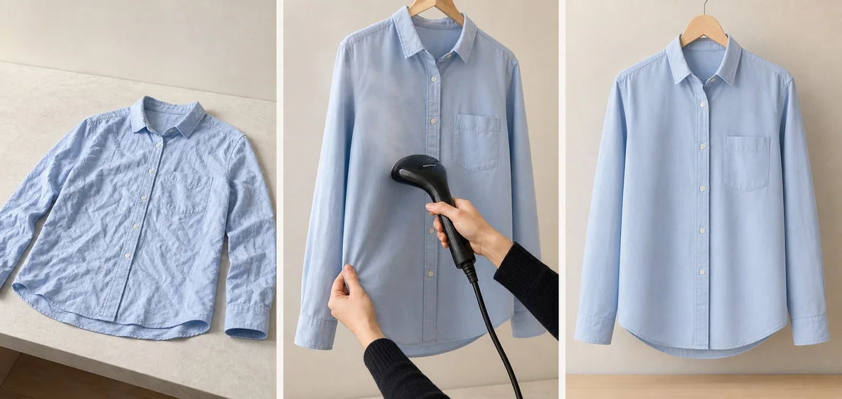 The same pale blue shirt shown wrinkled, being steamed and ready to photograph