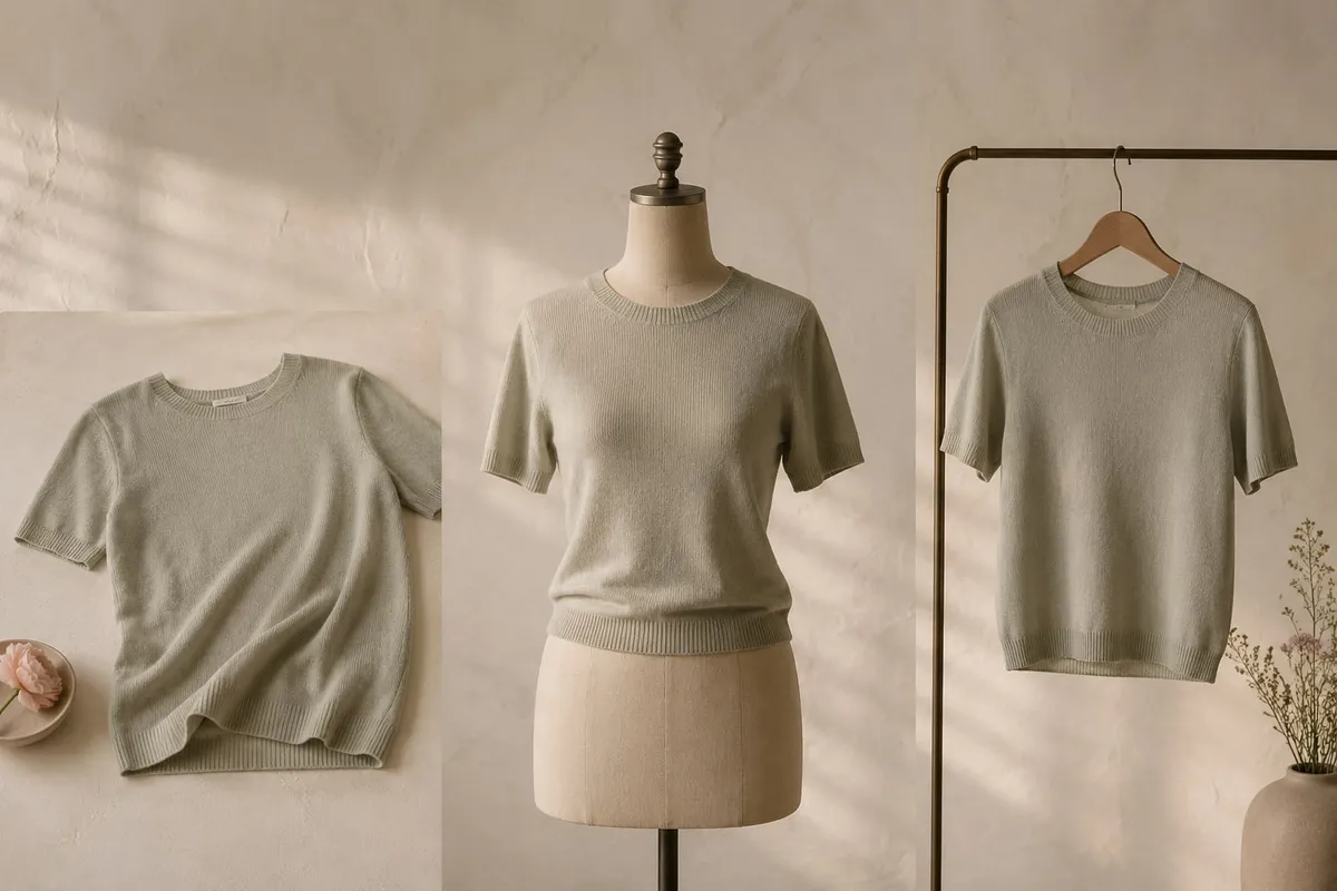 A sage knit top shown three ways: laid flat, on a tailor's dress form, and on a wooden hanger