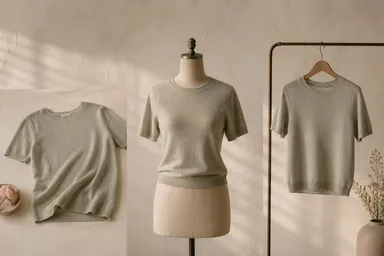 A sage knit top shown three ways: laid flat, on a tailor's dress form, and on a wooden hanger
