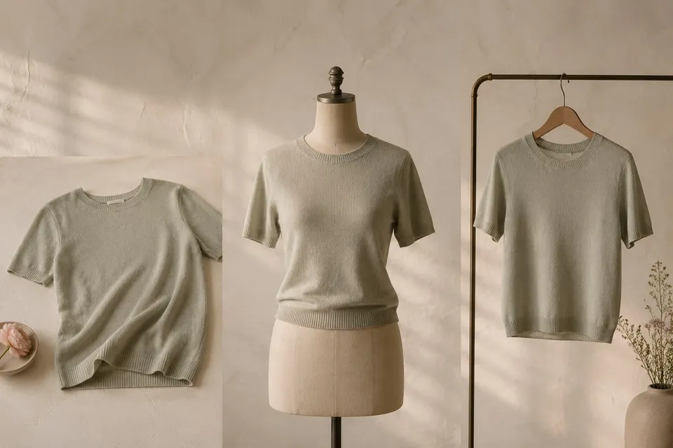 A sage knit top shown three ways: laid flat, on a tailor's dress form, and on a wooden hanger
