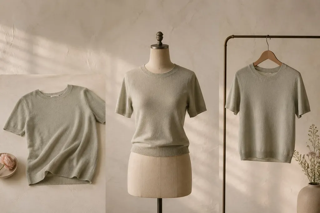 A sage knit top shown three ways: laid flat, on a tailor's dress form, and on a wooden hanger