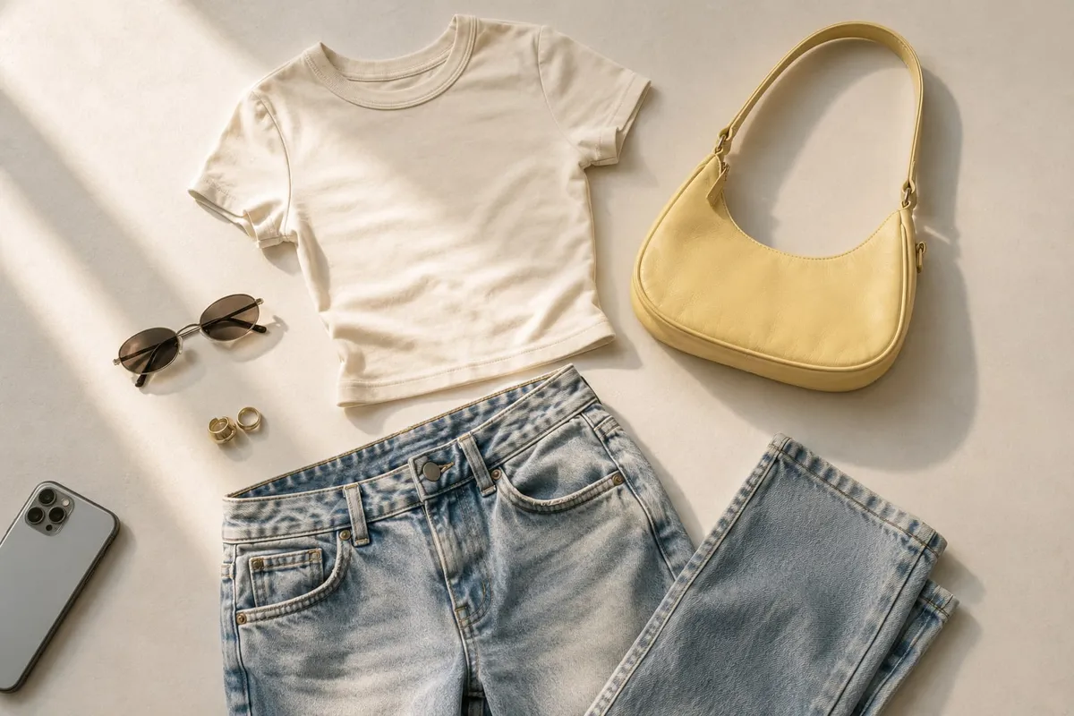 A styled flat-lay of a y2k outfit, a baby tee, low-rise jeans, a shoulder bag and small sunglasses, arranged on a warm neutral surface beside a phone