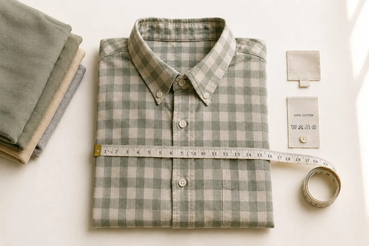 A neatly arranged flat-lay of a folded checked shirt with its brand label and a tape measure visible, photographed from above on a warm neutral surface