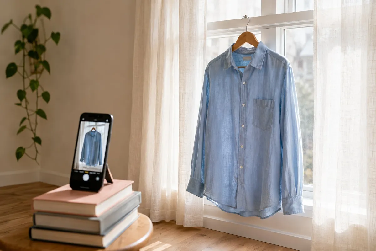 A blue linen shirt on a hanger at a sunlit window, photographed with a phone propped on a stack of books
