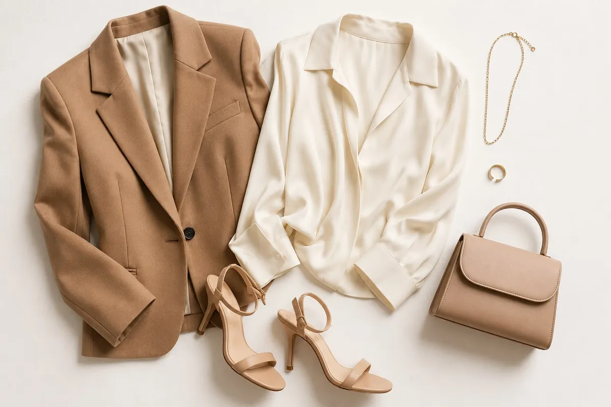 A tidy, brightly lit flat-lay of a coordinated outfit, a folded blazer, a silk blouse and a pair of heels, arranged neatly on a warm neutral surface