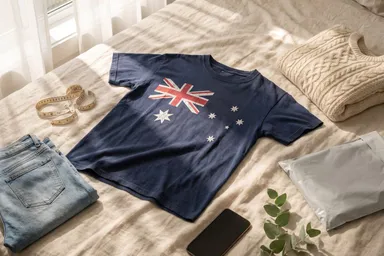 A navy T-shirt printed with the Australian flag laid on a linen bedspread beside folded secondhand clothes, a postal satchel and a tape measure in bright morning light
