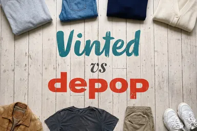 The Vinted and Depop logos painted onto whitewashed floorboards, framed by secondhand clothes laid out around the edges of the frame