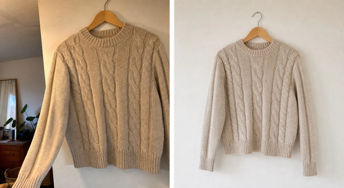 The same oatmeal cable-knit jumper photographed with poor cropping and clutter, then level and fully visible against a clear wall