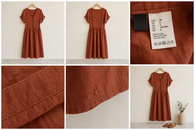 Six consistent listing photos of the same rust linen dress, including full views, labels, fabric and a small flaw