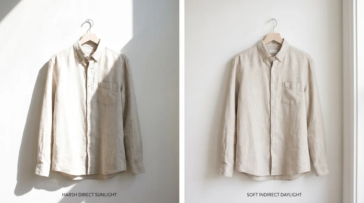 The same oatmeal linen shirt on a hanger, first in harsh direct sunlight with a hard shadow, then in soft indirect daylight showing the weave
