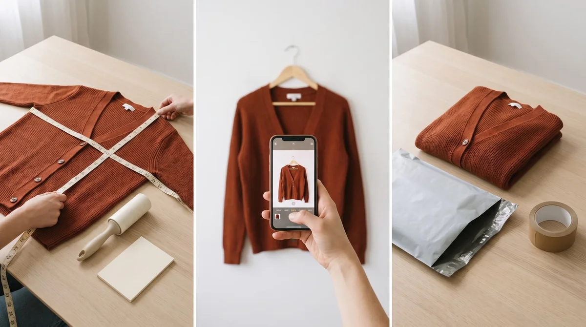 The same rust knitted cardigan being measured on a table, photographed against a white wall, and folded beside an open postal satchel