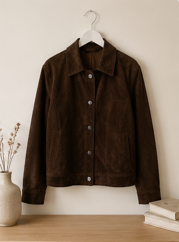 The same suede jacket on a hanger in a clean catalogue shot