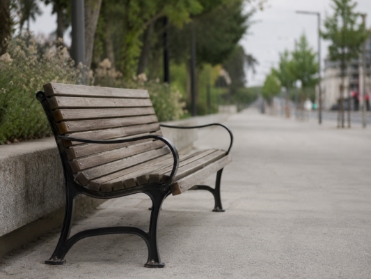 A quiet street with a bench, softly out of focus