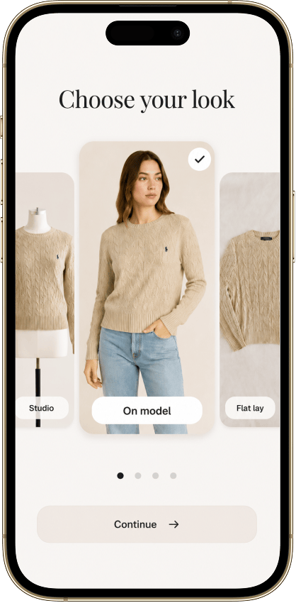 The Vintsnap look picker with styles like studio, on a model, mannequin and flat lay